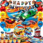 ElifJoyDeco Versenyautós dekorációs szett: lufik, tányérok, poharak, születésnapi dekoráció, 114 darabos