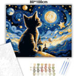  Kíváncsi cica csillagfényben - számfestő készlet - 80×100 cm (Keretre feszítve)