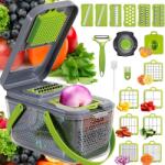 Teno Teno® 22 az 1-ben zöldségszeletelő, többfunkciós, 8 vágás, aprítási, aprítási, szeletelési tartozékok, julienne, tojásleválasztó, rozsdamentes acél pengék, tárolótok, fogantyúk, zöld (TENO1635)