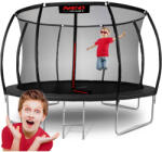 Neo-Sport Kerti trambulin, Neo-Sport, fekete, átmérő: 374 cm, kerek, magasság: 70 cm, 180 cm belső védőháló, létra, acél váz, 4 dupla láb, 150 kg teherbírás, 64 db rugó, íves oszlopok (TENS-12C231)