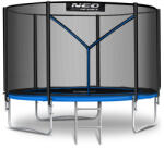Neo-Sport Kerti trambulin, Neo-Sport, fekete/kék, átmérő: 252 cm, kerek, magasság: 55 cm, 180 cm külső védőháló, létra, acél váz, 3 dupla láb, 100 kg teherbírás, 42 db rugó, fekete oszlopok (TENS-08Z221)