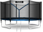 Neo-Sport Kerti trambulin, Neo-Sport, fekete/kék, átmérő: 404 cm, kerek, magasság: 80 cm, 180 cm külső védőháló, létra, acél váz, 4 dupla láb, 150 kg teherbírás, 72 db rugó, fekete oszlopok (TENS-13Z221)