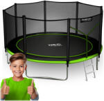 Neo-Sport Kerti trambulin, Neo-Sport, fekete/zöld, átmérő: 404 cm, kerek, magasság: 80 cm, 180 cm külső védőháló, létra, acél váz, 4 dupla láb, 150 kg teherbírás, 72 db rugó (TENS-13Z231)