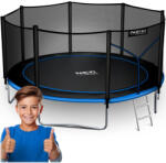 Neo-Sport Kerti trambulin, Neo-Sport, fekete/kék, átmérő: 435 cm, kerek, magasság: 70 cm, 180 cm külső védőháló, létra, acél váz, 4 dupla láb, 150 kg teherbírás, 80 db rugó, fekete oszlopok (TENS-14Z221)