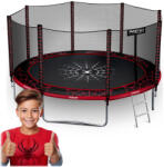 Neo-Sport Kerti trambulin, Neo-Sport, fekete/piros, átmérő: 374 cm, kerek, magasság: 80 cm, 180 cm külső védőháló, létra, acél váz, 4 dupla láb, 150 kg teherbírás, 64 db rugó, fekete oszlopok (TENS-12Z241)