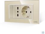 Luxion Intrerupator Dublu Cap Scara + Priza Ingusta + Priza Schuko cu Rama din Sticla LUXION, Standard Italian, 4M - culoare auriu