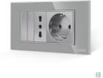Luxion Intrerupator Dublu Cap Scara + Priza Ingusta + Priza Schuko cu Rama din Sticla LUXION, Standard Italian, 4M - culoare gri