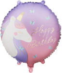  Happy Birthday fólia lufi unikornissal, 35x35 cm, vegyes színek (FB354)
