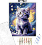  Bolyhos kiscica a csillagok alatt - számfestő készlet - 60×70 cm (Keretre feszítve)