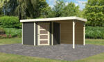 Karibu Schwandorf 5. Terra szürke színű fa 5 oldalas kerti tároló, fészer tetővel, hátfallal rendelkező bővítménnyel/terasszal, modern dizájnnal, 462 cm x 246 cm