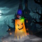 Family Halloween-i LED dekor, szellem, sárga, 10 színes LED, akasztható, 75 x 35 cm, 56569C