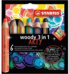 STABILO Creioane colorate STABILO Woody 3 în 1 ARTY - creioane colorate, creioane acuarelă, creioane cerate - 6 buc + ascuțitoare