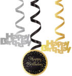  Happy Birthday Csillagos Arany Fekete Spirális Függő Dekoráció, 6 db-os