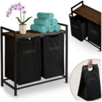 Massido Szennyeskosár, Massido, fekete, 80 l, fa polccal, acél vázzal, 74 × 72 × 33 cm, kivehető pamut betét, két rekesz, fogantyúkkal, teherbírás: 20 kg (TE678300)