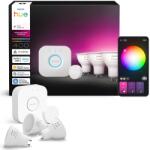 Philips Hue Kit de iluminat inteligent Philips Hue Starter Bridge 3 becuri LED GU10 buton smart, lumina alba si colorata, dimmabil (929003666515)