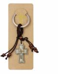 Dodaco Breloc religios cu cruce si figurina Isus, accesoriu crestin cu snur textil si margele din lemn, breloc pentru chei sau rucsac