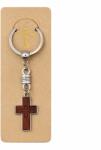 Dodaco Breloc religios cruce din lemn cu contur metalic si inel rotativ, accesoriu crestin pentru chei sau rucsac, design compact