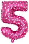 Flippy Balon din Folie Metalizata Figurina Cifra, Imprimeu Inimi, Tema Aniversare 80 cm, Ambalaj Individual, Pai inclus, Umflare cu Aer sau Heliu, Roz, Cifra 5