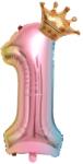 Flippy Balon din Folie Metalizata, Figurina Cifra Gradient, Tema Aniversare 80 cm, Ambalaj Individual, Pai inclus, Umflare cu Aer sau Heliu, Coronita, Cifra 1
