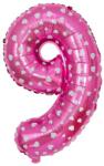 Flippy Balon din Folie Metalizata Figurina Cifra, Imprimeu Inimi, Tema Aniversare 80 cm, Ambalaj Individual, Pai inclus, Umflare cu Aer sau Heliu, Roz, Cifra 9