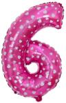 Flippy Balon din Folie Metalizata Figurina Cifra, Imprimeu Inimi, Tema Aniversare 80 cm, Ambalaj Individual, Pai inclus, Umflare cu Aer sau Heliu, Roz, Cifra 6