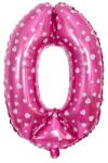 Flippy Balon din Folie Metalizata Figurina Cifra, Imprimeu Inimi, Tema Aniversare 80 cm, Ambalaj Individual, Pai inclus, Umflare cu Aer sau Heliu, Roz, Cifra 0