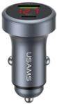 USAMS cc327 autós töltő usb+type-c aljzat (45w, pd gyorstöltő, led kijelző) sötétszürke (CC327CC01)
