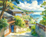 Figured Art Set goblen cu diamante, cu sasiu, Oras de coasta in Japonia, 40x50 cm (DP-FA10557-Y)