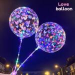  Комплект прозрачен Bobo балон със сърца 50 см. с многоцветен LED светещ гирлянд 300 см. с дръжка 75 см