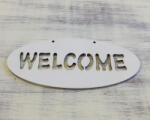  Fa "Welcome" áttört ovál tábla fehér 6x14cm - koszorúhoz és asztaldíszhez