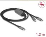 Delock Y-alakú USB-C kábel, 1 x csatlakozóból 2 x PD 3.0 csatlakozóra, 100 W-os intelligens áramelosztás, 1, 2 m (81271)