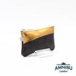 Amnisu Fényes fekete - óarany ívelt egy cipzáras bőr kulcstartó C8006