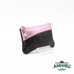 Amnisu Fényes fekete - metál rózsaszín ívelt egy cipzáras bőr kulcstartó C8006