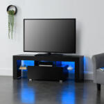 [en. casa] Comoda TV LED Grimsey neagra cu sertar si rafturi din sticla, 130 cm (69638642)