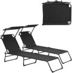 [casa.pro] Set 2 sezlonguri pliante cu parasolar reglabil, negre, 187x53 cm (52489961)