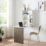 [en. casa] Birou pliabil de perete Greve, alb si aspect lemn, cu rafturi (84461750)
