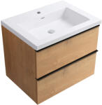 Cerano - Velora fürdőszobaszekrény - fényes fehér - fekete fogantyú + Ovo öntött márvány mosdó - mézes tölgyfa - 59x53x46 cm