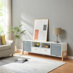 [en. casa] Comoda TV Kvaefjord 160x40x52 cm alb/gri, cu sertare si usi jaluzea (88316136)