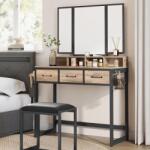 Brius Masuta toaleta 3 sertare oglinda tripla taburet lemn otel, 90x40x141 cm, design rustic, maro negru (EZ-RVT004B50)
