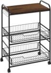 HOMCOM Cărucior Auxiliar cu Roți de 3 Nivele Cărucior de Bucătărie cu 2 Coșuri și 4 Cârlige 60x38x85, 5 cm Maro Rustic | Aosom Romania (801-225V80BN)