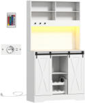 HOMCOM Servantă de Bucătărie Rustică 180 cm, Dulap cu Priză de Alimentare, Lumini LED, Suport pentru Sticle, Suprafață pentru Cuptor cu Microunde, Rafturi Deschise, Uși Glisante, Orificiu pentru Cabluri, Alb Bufet