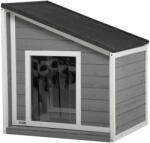PawHut Hundehütte din lemn masiv, rezistent la intemperii, acoperiș din șindrilă, 71 cm x 58 cm x 77 cm, Gri + Alb | Aosom Romania (D02-151V00GY)