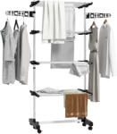HOMCOM Uscător de Rufe Pliabil, Uscător Tip Turn cu 6 Roți, Cârlige și 4 Rafturi Reglabile, 142x55x172 cm, Argintiu | Aosom Romania (850-295V00BK)