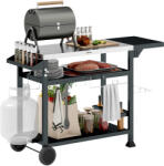 Outsunny Carucior Masa pentru Gratar cu Masa Laterala Pliabila, Blat din Otel Inoxidabil, Carucior Portabil pentru Gratar cu 2 Roti, 6 Carlige (846-130V00BK)