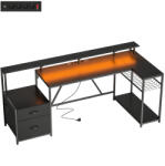 HomCom Birou Gaming Reversibil în Formă de L cu LED, Birou Colțar 192, 5 cm cu Prize Electrice, Suport Monitor și CPU, 2 Sertare din Material Textil pentru Documente A4/Legal, pentru Acasă sau Birou, Negru |