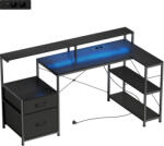 HomCom Birou Gaming în formă de L cu prize multiple, LED-uri, 165x80 cm, birou PC cu 2 sertare din material textil, 2 rafturi deschise, măsuță laterală și 2 suporturi monitor, din PAL și oțel, Negru | Aosom 