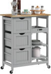 HOMCOM Carucior Auxiliar cu Roti Carucior de Bucatarie cu 3 Sertare 2 Rafturi Deschise si Tava Detasabila 67x37x85, 5 cm Gri | Aosom Romania (801-213V81GY)