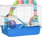 PawHut Cușcă pentru Hamsteri cu 3 Nivele, Tub, Roată de Alergat, Sticlă de Apă și Bol de Mancare, 59x36x47 cm, Albastru | Aosom Romania (D51-234BU)