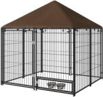 PawHut Gard pentru Câini din Metal cu Ușă pentru Boluri, Gard pentru Câini de Exterior cu Acoperiș, 141x141x151 cm, Negru și Maro (D02-057V01CF)