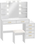 HOMCOM Masă de machiaj cu oglindă iluminată și taburet tapițat, set de machiaj cu 6 sertare și rafturi, Alb | Aosom Romania (83D-133V90WT)